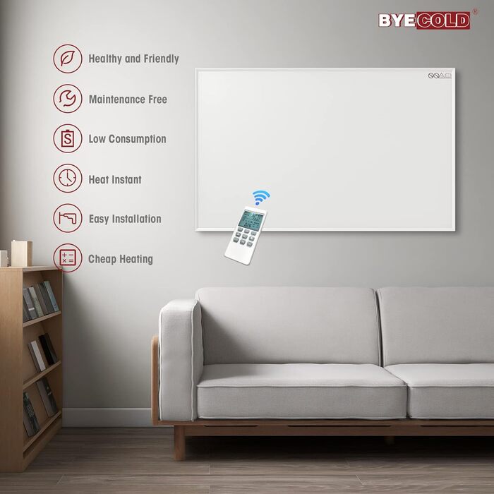 Інфрачервоний обігрівач Byecold з термостатом, 900 Вт, настінний інфрачервоний електричний обігрівач, енергозберігаюча електрична нагрівальна панель із захистом від перегріву