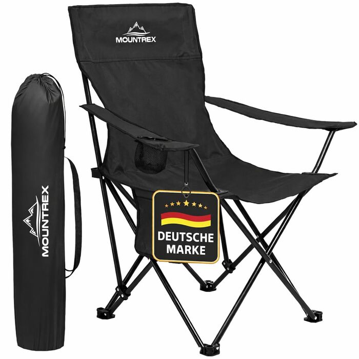 Складаний кемпінговий стілець MOUNTREX (до 120 кг) - Складаний стілець з регульованими підлокітниками - Рибальський стілець, Пляжний стілець - Складаний, компактний та легкий - Кемпінговий стілець з тримачем для напоїв та сумкою, Чорний