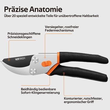 Садові ножиці Bypass 21,5 см з лезом SK5 та герметичною пружиною, як професійні ножиці для троянд, дерев, рослин, таких як ножиці для гілок, для легкого обрізання троянд, гілок, кущів Подарунковий Помаранчевий