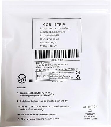 Світлодіодна стрічка GOMING 12V 5M COB 3000K Світлодіодна стрічка тепла біла 11 Вт/М 312 світлодіодів / м Самоклеюча світлодіодна стрічка CRI 93 Висока яскравість Неводонепроникна світлодіодна стрічка IP20 для прикраси будинку в приміщенні (тільки стрічка