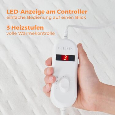 Підогріта підковдра CELESTA 150x80 см, нагрівальна ковдра з 3 температурними режимами, світлодіодним контролером та захистом від перегріву, можна прати в пральній машині та дихаюча, біла стандартна біла 150 x 80 см