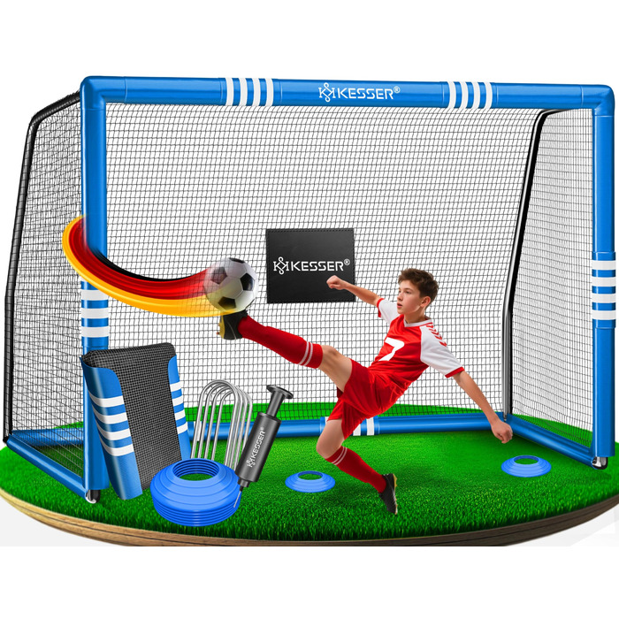 Футбольні ворота KESSER для саду, міцні тренування на свіжому повітрі, тренування зі стрільби, сітка, стійка до ультрафіолету, сталева рама з підкладкою, анкерні кріплення для землі, повітряний насос, конуси, монтажні аксесуари для дітей та дорослих, 240 