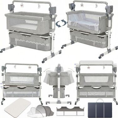 Складана дитяча тумбочка, багатофункціональне дитяче ліжко, дитяча колиска з регульованою висотою, дитяче дорожнє ліжечко з матрацом (601 світло-сірий)