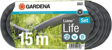 Текстильний шланг Gardena Liano Life 1/2 дюйма, 15 м Комплект Дуже гнучкий садовий шланг з текстильної тканини, з внутрішнім шлангом з ПВХ, без перегинів, легкий, стійкий до погодних умов (18445-20)