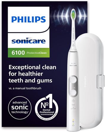 Електрична зубна щітка Philips Sonicare ProtectiveClean 6100, звукова зубна щітка з додатком, 3 режими чищення та 3 рівні інтенсивності, датчик тиску, дорожній футляр, білий, модель HX6877/28 білий