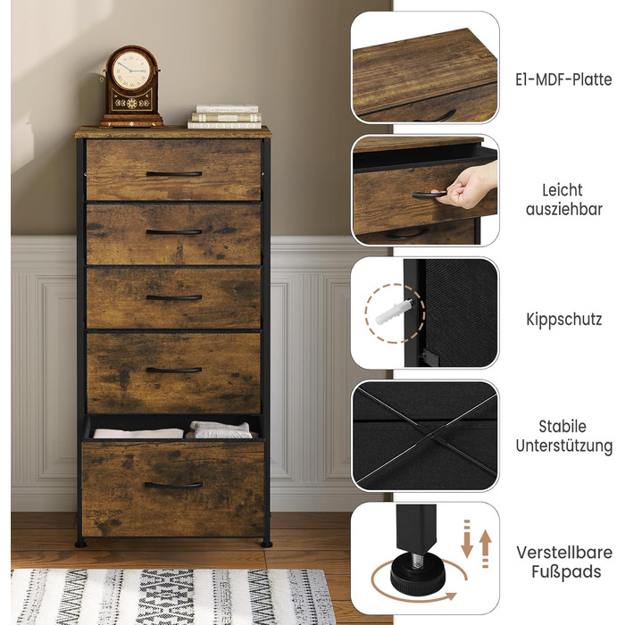Комод WOLTU з 5 тканинними шухлядами, сервант, комод, для спальні, вітальні, коридору, металевий каркас, матеріал дерево, вінтажний дерев&39яний вигляд чорного кольору SSK004hov вінтажний дерев&39яний вигляд чорного кольору 1