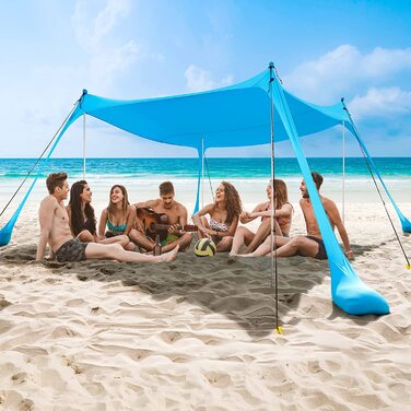 Портативний пляжний намет COMMOUDS Sunshade Beach 3,6 м x 3,6 м, захист від сонця UPF50 Sun Sail Beach Shelter з 4 алюмінієвими стійками та мішками з піском, легке встановлення для пікніків, риболовлі, відпочинку на природі