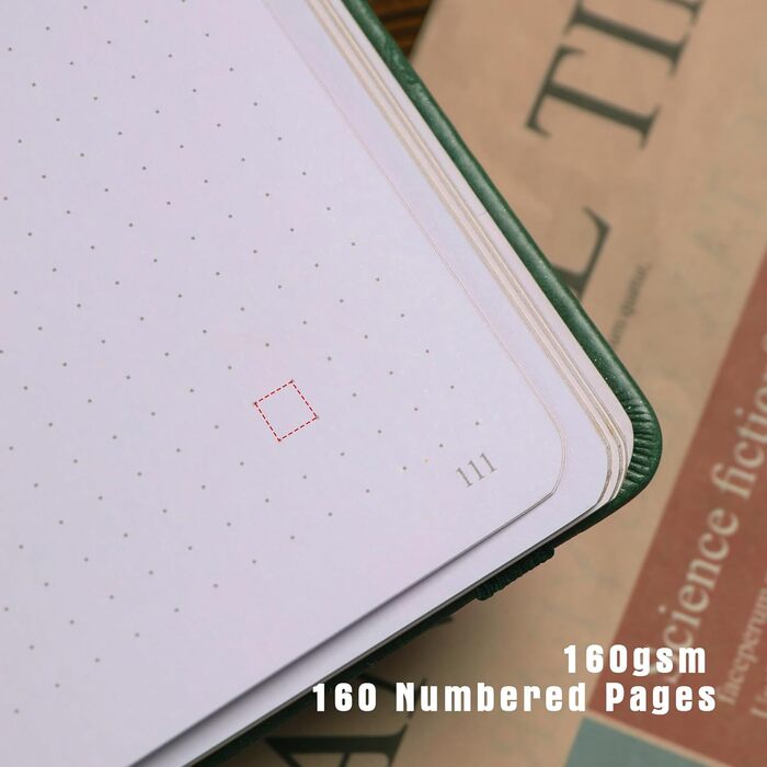 Блокнот TIEFOSSI Bullet Dotted, блокнот із точковою сіткою для жінок та чоловіків, тверда обкладинка зі штучної шкіри, щільний папір 160 г/м, 160 пронумерованих сторінок із золотими краями, 20,4 x 20,4 см, середньо-зелений