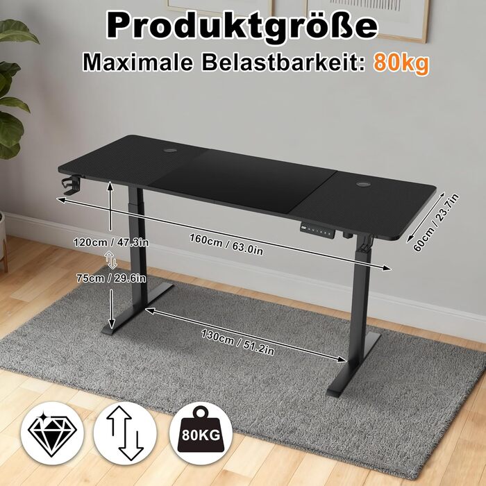 Стіл з електричним регулюванням висоти 160x60 см, карбонова поверхня та порт зарядки Type-C, ігровий стіл з функцією пам&39яті, робоча станція для ПК, стіл для роботи сидячи та стоячи, офісний стіл, чорний 160x60 см чорний