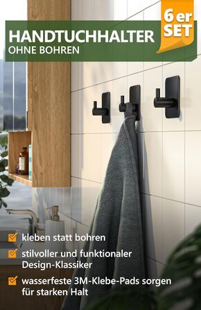 Рушникосушка 4smile без свердління, комплект з 6 шт. - Чорні гачки для рушників у ванній кімнаті як практичні клейкі гачки - Висок