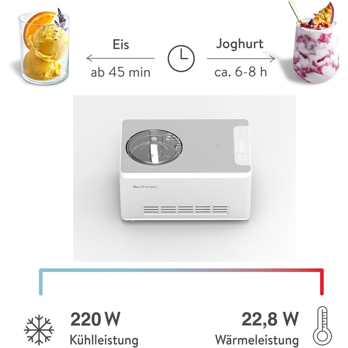 Морожениця та йогуртниця SPRINGLANE Elisa 2.0 л з самоохолоджуючим компресором 220 Вт, машина для морозива з нержавіючої сталі з функцією охолодження та нагрівання, в т.ч. буклет з рецептами Elisa Silver