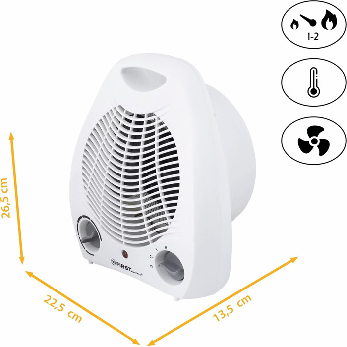 Тепловентиляторний обігрівач TZS First Austria, 1000/2000 Вт, 2 режими нагріву, термостат, захист від перегріву, окремий режим вентилятора, тихий (52 дБ), компактний, ручка для перенесення, готовий до використання, білий/сірий, енергозберігаючий