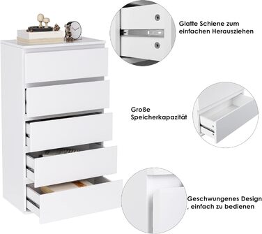 Білий комод з 5 шухлядами, вузький комод для спальні, коридору, вітальні, 55x33x100 см