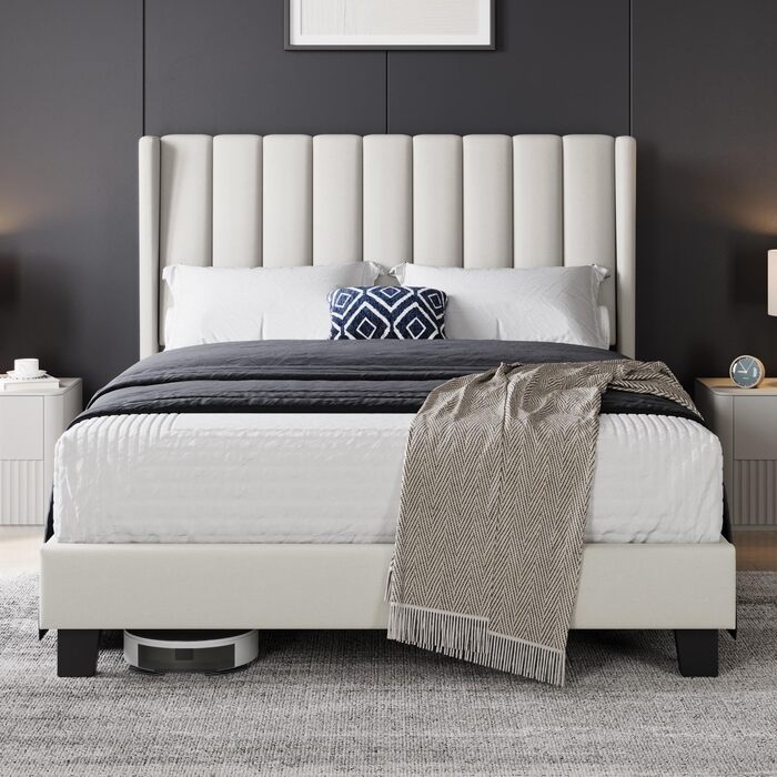 Ліжко Yaheetech з м&39яким каркасом 140 x 200 см, міцне двоспальне ліжко, сімейне ліжко, м&39який каркас ліжка, ліжко з місцем для зберігання, для спальні, гостьова кімната, бежевий колір, бежевий 140 x 200 см