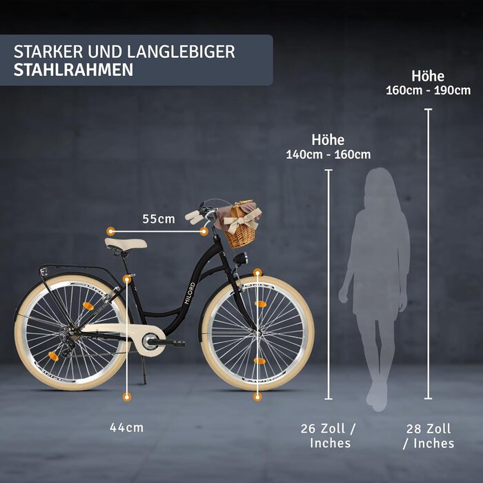 Жіночий міський велосипед MILORD Comfort з плетеним кошиком, вінтажний, голландський, 26, 28 дюймів, 7 швидкостей, чорно-кремовий, 28 дюймів