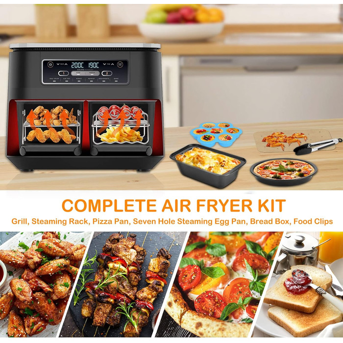 Набір аксесуарів Vusddy з 8 предметів для двозонних фритюрниць - сумісний з Ninja Foodi AF400EU, AF300EU, Innsky 8L, Princess 182074, Tefal 7.6L-9.5L - Двокамерний набір аксесуарів для фритюрниці XL