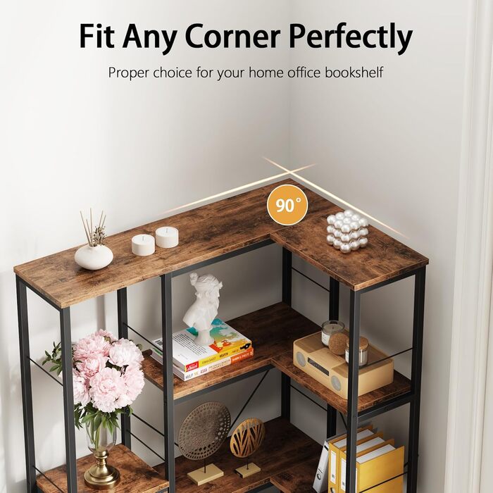 Ярусна кутова полиця, стояча, зі світлодіодним освітленням та 4 шухлядами, полиця, книжкова шафа, кухонна полиця, полиці, кутова шафа, для вітальні, спальні, офісу, кухні, вінтажний коричневий, 5-