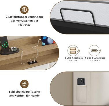 Ліжко зі світлодіодним освітленням, гідравлічне ліжко 140 x 200 см, м&39яке ліжко, узголів&39я з полицею та місцем для зберігання речей, каркас ліжка з рейковою основою, зручне, для спальні, гостьової кімнати, PU білий 140 x 200 білий