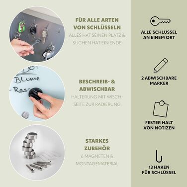 Скринька для ключів Bremermann XL зі скляною передньою частиною, з можливістю запису, 13 гачків, 6 магнітів, 1 маркер, 1 тримач для маркера, металевий корпус, порошкове покриття сірого (білого) кольору