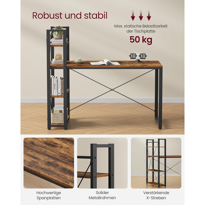 Стіл VASAGLE, комп'ютерний стіл з полицями праворуч або ліворуч, офісний стіл шириною 137,2 см, для навчання, домашнього офісу, пр