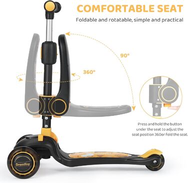 Дитячий самокат BremToy з сидінням, самокат зі світлодіодними колесами, дитячий самокат з регульованим по висоті кермом, складний