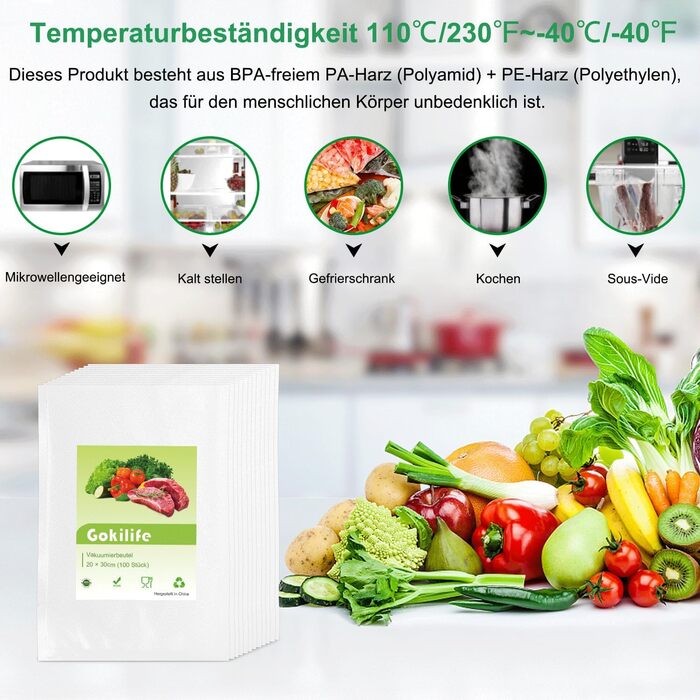 Вакуумний пакувальник Gokilife - 100 пакетів 20x30 см зі стійкістю до розриву приблизно 450 мкм, вакуумна плівка для всіх вакуумних пакувальників і вакууматорів харчових продуктів, професійні пакети з фольги без BPA, кип'яткостійкі та пакети для заморожув
