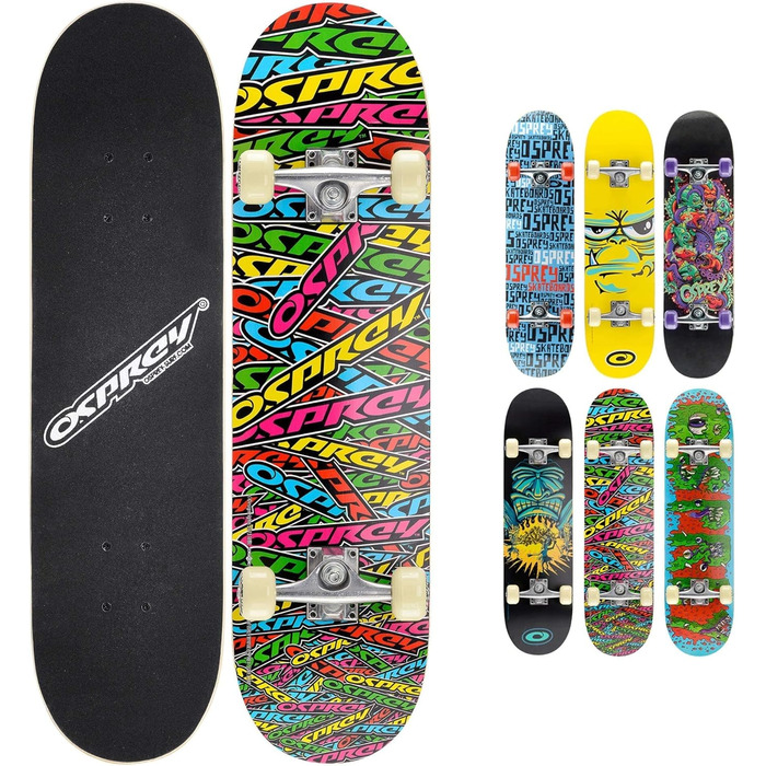 Скейтборд Osprey Absolute Beginner Double Kick Trick, 78.7 x 20.3 см, кленова колода, різнокольоровий