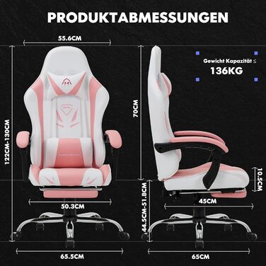 Ігрове крісло COLAMY, комп&39ютерне крісло з підставкою для ніг та поперековою опорою, регульоване по висоті ігрове крісло з поворотним на 360 сидінням та підголівником, крісло для відеогеймерів, ергономічна висока спинка, рожевий сучасний колір