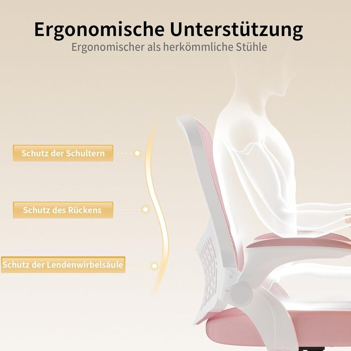 Ергономічне офісне крісло naspaluro, стілець для роботи з підлокітниками, що складаються на 90, унікальна поперекова підтримка, дихаюча сітчаста оббивка для домашнього офісу, кабінет, рожевий (без підголівника)