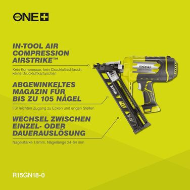 Акумуляторний цвяходер RYOBI 18 В ONE R15GN18-0 (тип цвяха 1,8 мм, ємність магазину 105 цвяхів, кут нахилу магазину 33-35, в компл