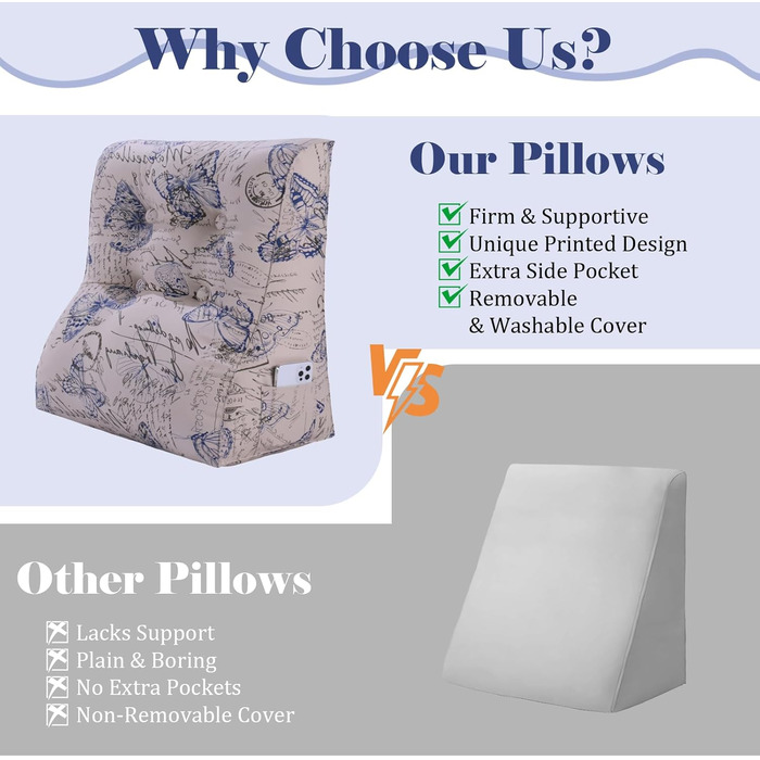 Вигнута подушка для читання для ліжка, узголів&39я, клиноподібна подушка для підтримки спини, піднята спинка для сидіння в ліжку або дивані, зі знімним чохлом, синя з метеликами, 60 см