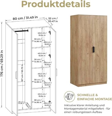 Шафа Eiselfing, 2-дверна шафа, 176 x 80 x 52 см, Шафа для спальні, 1 вішалка для одягу, 4 полиці, під дуб, дуб, 176 x 80 x 52 см - 4 полиці