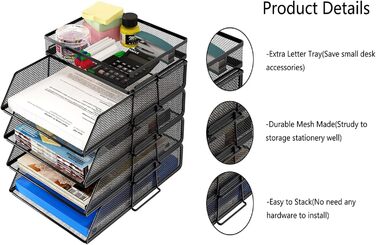 Настільний органайзер TQVAI з 4 відділеннями та верхнім лотком, металевий лоток для документів, лоток для паперу A4, органайзер для журналів для офісу, дому та школи, чорний