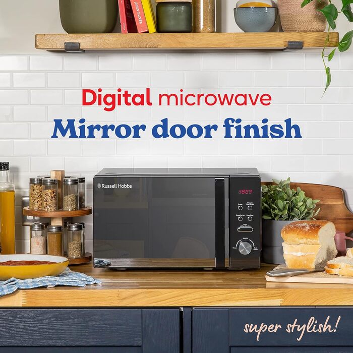 Мікрохвильова піч Russell Hobbs RHM2076B 20 літрів 800 Вт чорна соло з 5 рівнями потужності, автоматичним розморожуванням, 8 автоматичними меню приготування, годинником і таймером, легке очищення 20 л цифрове