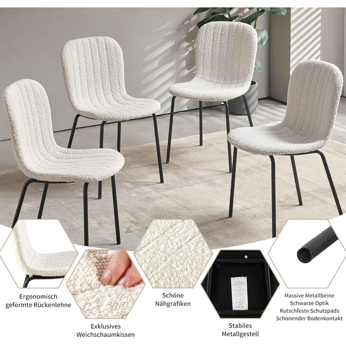 Обідні стільці NORDICANA, Комплект з 4 шт. , Кухонні стільці, Стілець букле, Обідній стілець, Ретро-дизайн, Металеві ніжки, Для їдальні, Вітальні, Кухні, Спальні та Вітальні (Бежевий)