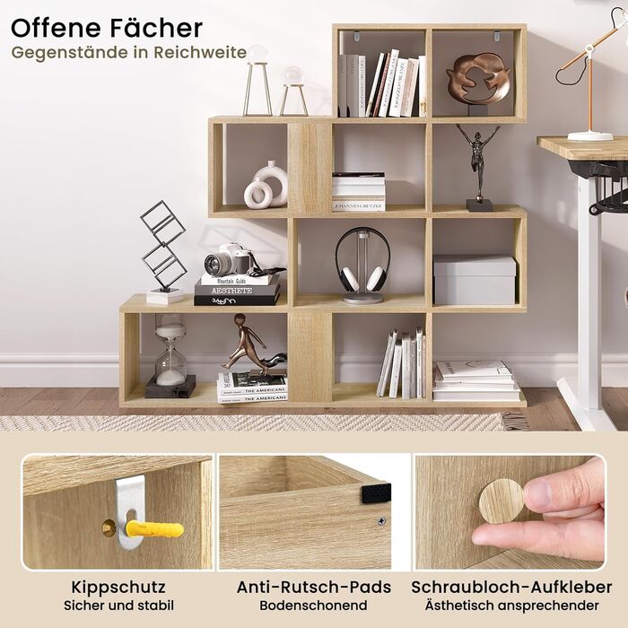 Рівнева книжкова полиця, полиця-перегородка кімнати з 11 відкритими відділеннями, окремостояча полиця для сходів, полиця-ступінь, для вітальні, спальні, офісу, 115x109,5x19,5 см, світлий дуб, 4-