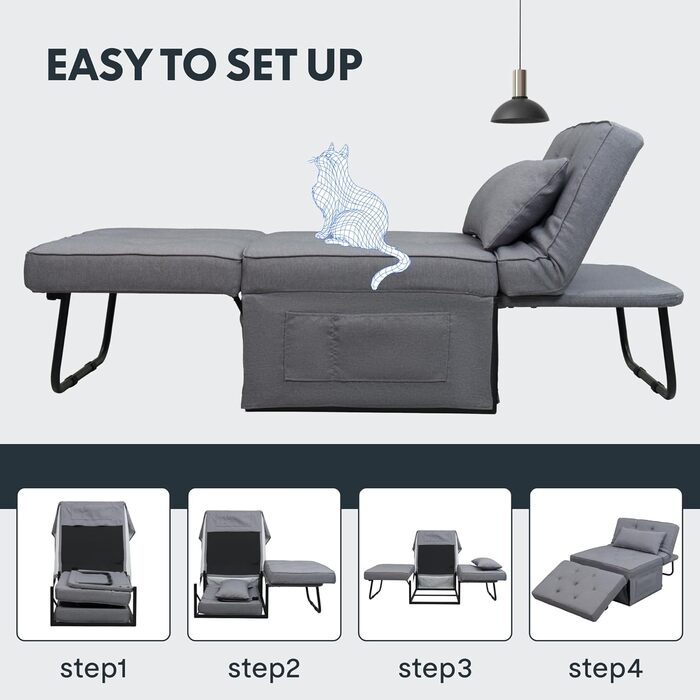 Крісло FLEXISPOT Крісло для вітальні з пуфом для ніг Розкладне крісло-ліжко з функцією ліжка Трансформоване крісло-ліжко Розсувне крісло-ліжко Вантажопідйомність до 300 кг, Сірий, 91 * 69 * 35 см Темно-сірий (Маленький)