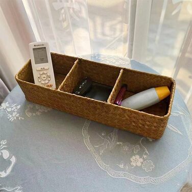 Кошик для зберігання з морської трави для ванної кімнати, плетений кошик для зберігання, плетена скринька для зберігання у ванній кімнаті з 3 відділеннями (37 x 12 x 8 см)
