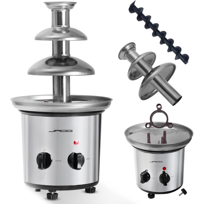 Шоколадний фонтан Jago 275W - 3 рівня, місткість 1 кг шоколад, нержавіюча сталь, можна мити в посудомийній машині, срібло - шоколадний фонтан, шоколадне фондю, шоколадне фондю, шоколадний фонтан