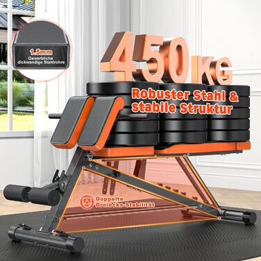 Регульована похила лава XDDIAS 4-в-1, тренажер для розгинання спини великого розміру, лава для присідань з опорною подушкою, 8-рівнева лава для тренувань спини для горизонтального, похилого та вертикального положень, до 450 кг, помаранчевий колір