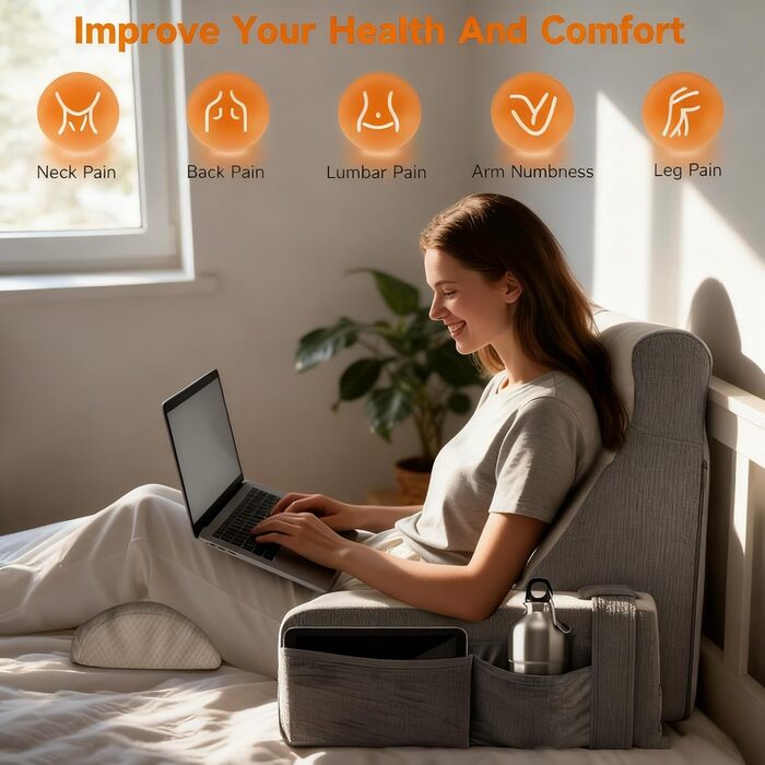 Велика подушка для читання зі знімним потиличним валиком та підлокітником, подушка для спини ліжка, ергономічна подушка для спини з підлокітником, кишеня та чохол, який можна прати, для читання та перегляду телевізора.