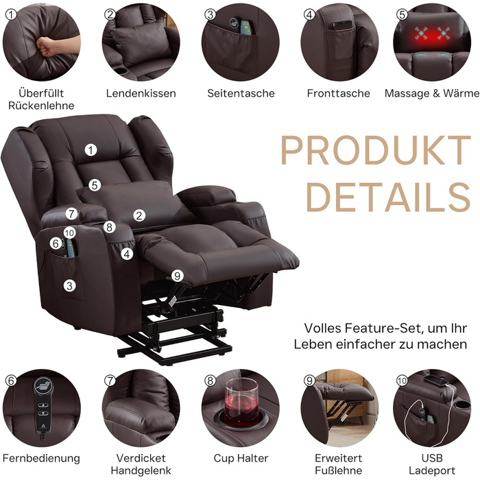 Електрично регульоване крісло для телевізора з функцією відкидання та підйомником, крісло для літніх людей зі штучної шкіри, крісло для телевізора, крісло для кінотеатру з масажем та підігрівом (коричневе, 1 підйомне крісло з консоллю) Коричневе 1 підйомн