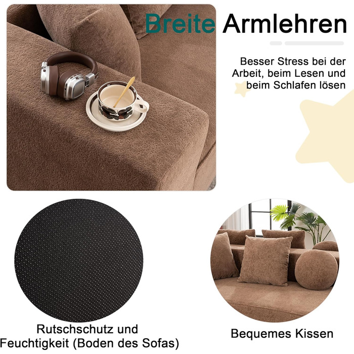 Диван Cloud із сегментованим, повністю стиснутий диван без кісток, модульний диван із функцією сну, розкладний диван, для вітальні/спальні, шеніл, не потребує складання, коричневий