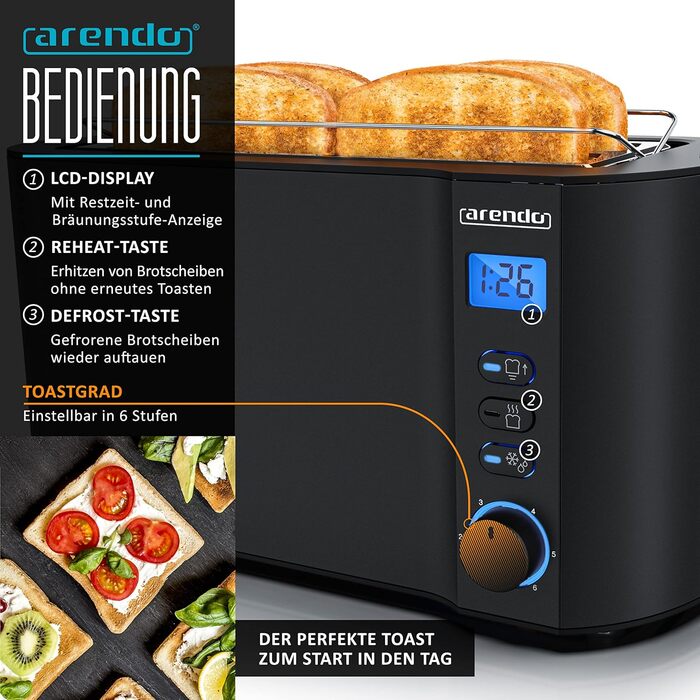 Чайник з тостером SET і яйцеваркою, нержавіюча сталь Чорний чайник 1,5 л 40 - 100C Тостер 4 скибочки LED-дисплей 6 ступенів підрум'янювання Яйцеварка 1-6 яєць Мірна чашка без BPA без B Чорний