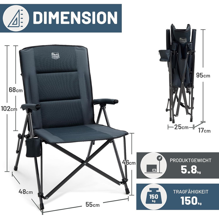 Складаний кемпінговий стілець TIMBER RIDGE, широке сидіння 55 см XXL, м&39який, висока спинка, вантажопідйомність 150 кг, з бічною кишенею, підходить для кемпінгу, саду, балкону, , сірий