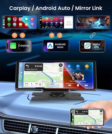 Портативна автомобільна стереосистема Podofo Wireless Carplay 10,26 дюйма з сенсорним екраном Бездротовий автомобільний Bluetooth/FM-передавач AUX Siri/Google asistant з камерою заднього виду DC7-32v