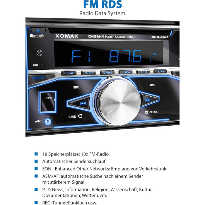 Автомагнітола XOMAX XM-2CDB622 з програвачем компакт-дисків, Bluetooth, радіотюнер RDS, 7 кольорів з регулюванням (червоний, синій, зелений, жовтий, фіолетовий, білий, бірюзовий) USB, SD для MP3 WMA, AUX, 2 шт. роз'єм для сабвуфера, 2DIN