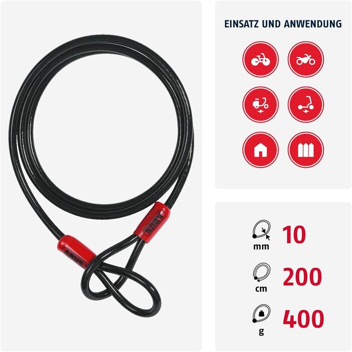 Страхувальний трос ABUS Cobra 10/200 Loop 200 см 10 мм з петлями Чорний
