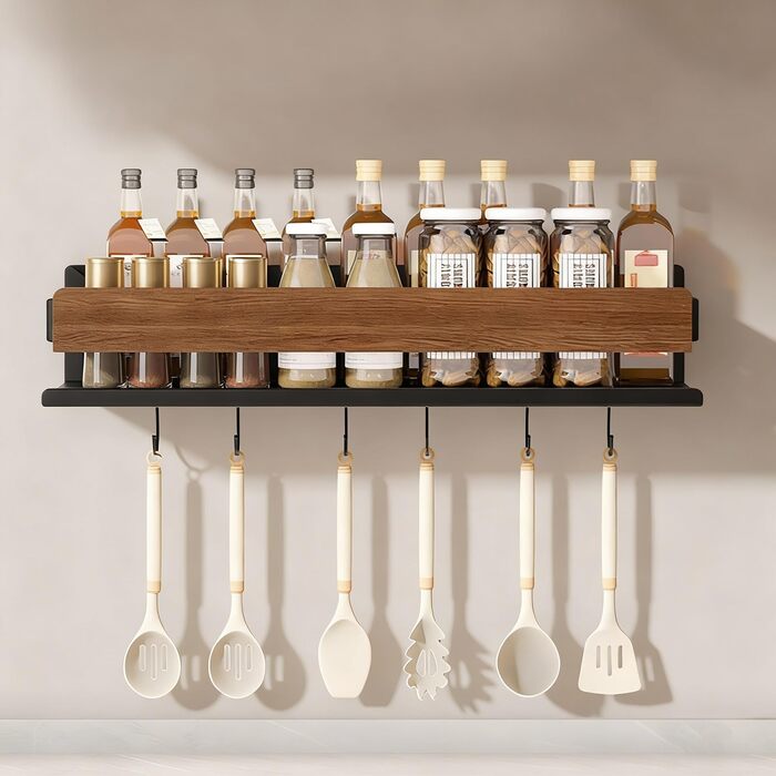 Дерев&39яна настінна підставка для спецій для кухні, підвішується на 6 гачках, вища та ширша, з горіховим покриттям. Органайзер для спецій, не потребує свердління, шурупи в комплекті.