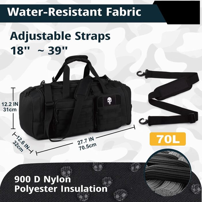 Тактична спортивна сумка для чоловіків, велика спортивна дорожня сумка 3-в-1 об&39ємом 70 літрів з відділенням для взуття, водонепроникний дорожній рюкзак для чоловіків та жінок, сумка для вихідних та ночівлі з відділенням для вологих речей. Розмір Чорний